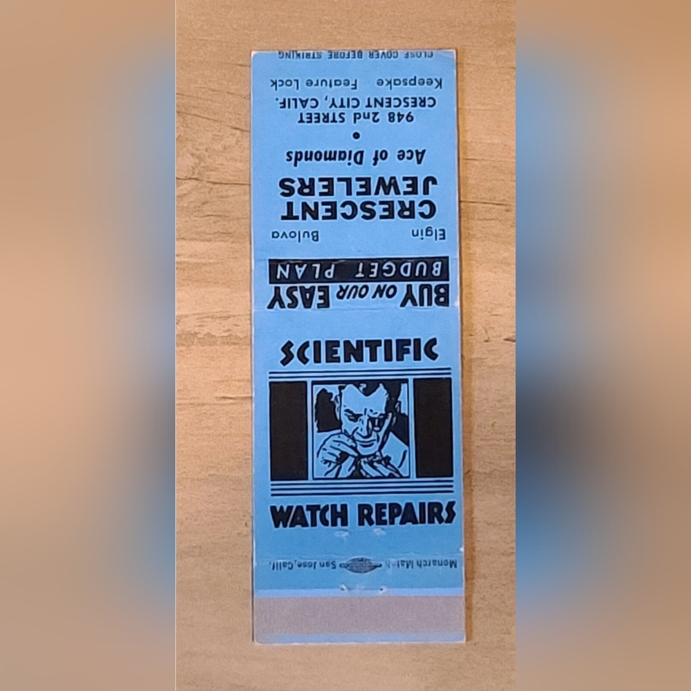 Scientific Watch Repairs Crescent Jewelers Ace Of Diamonds Matchbook Cover